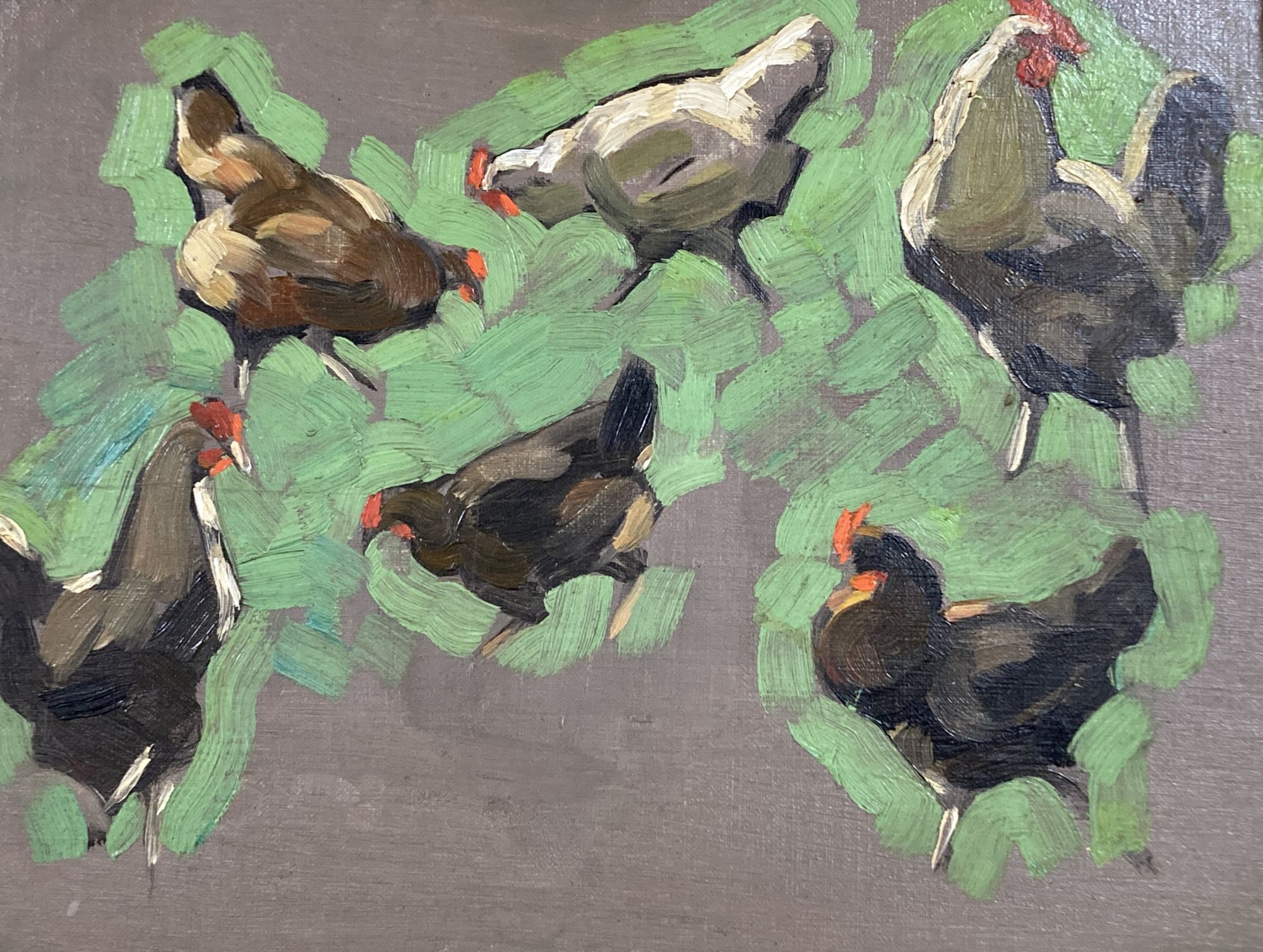 Helen Bryne Bryce (1891-1971), oil on canvas, Study of chickens, label verso, 19 x 25cm
